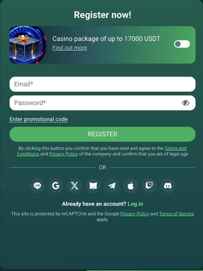 Formulario de registro de 22Bit: e-mail, contraseña, código promocional y paquete de casino